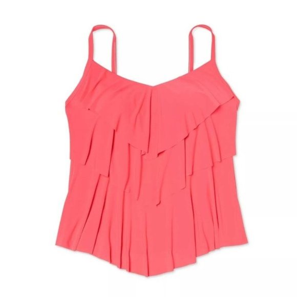 Aqua Green Tiered Tankini Top, Neon Coral - Picture 3 of 8